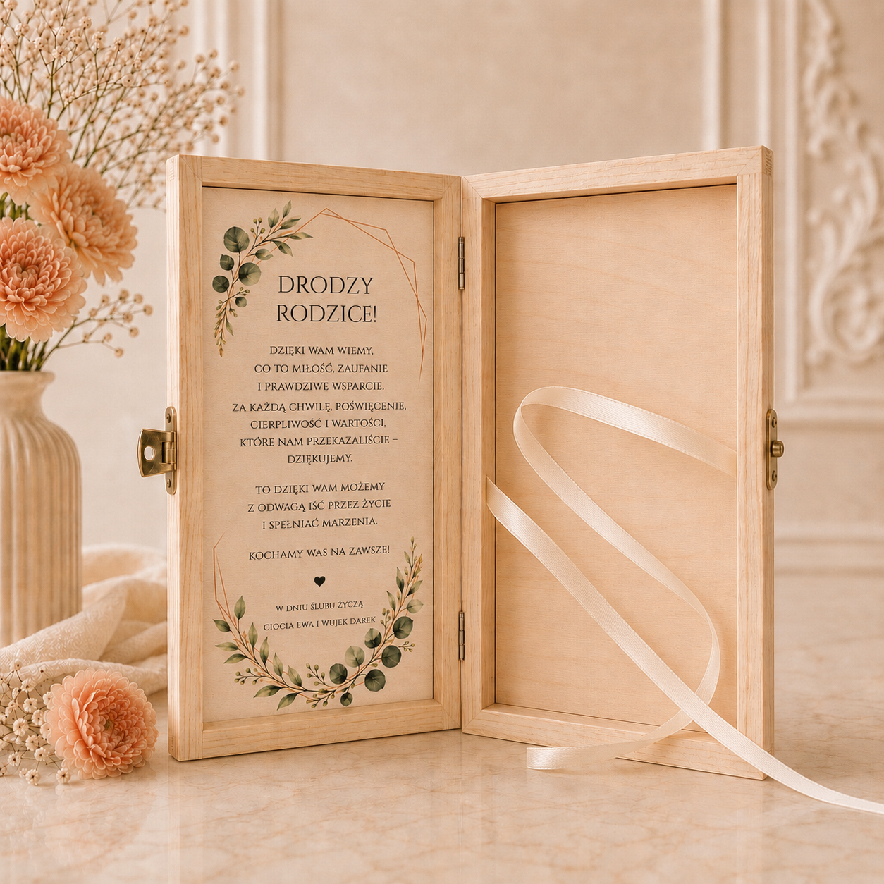Personalizowane Pudełko na Pieniądze na Ślub „Eukaliptus Boho” – Prezent dla Pary Młodej