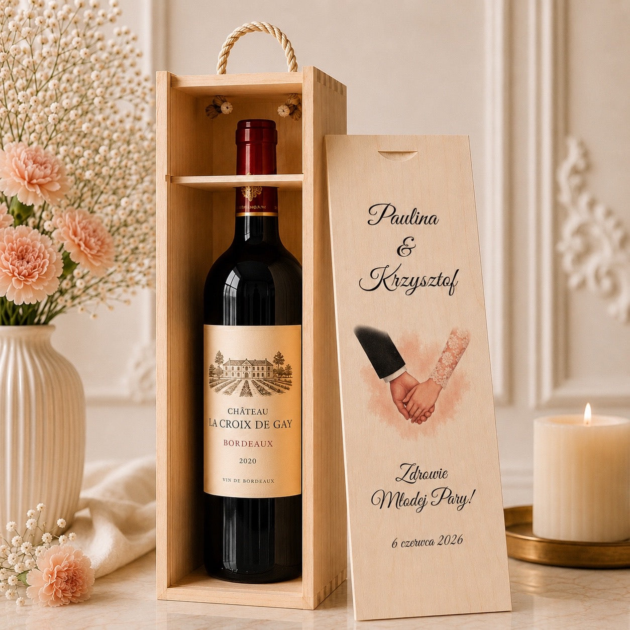 Personalizowana Skrzynka na Wino z Imionami i Datą – Splątane Dłonie