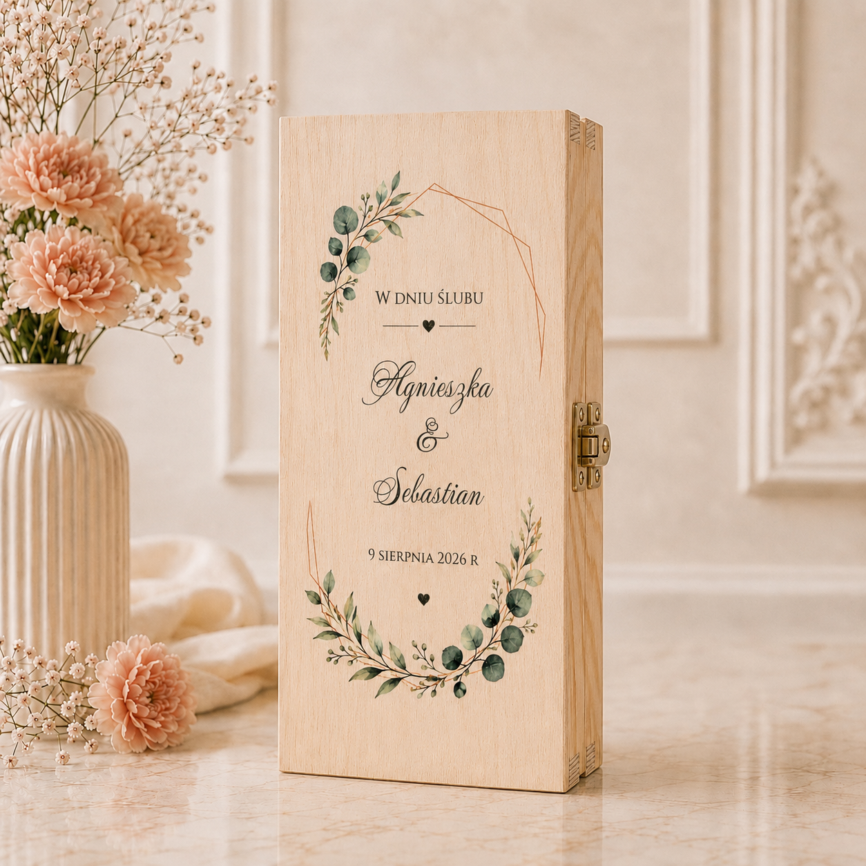 Personalizowane Pudełko na Pieniądze na Ślub „Eukaliptus Boho” – Prezent dla Pary Młodej