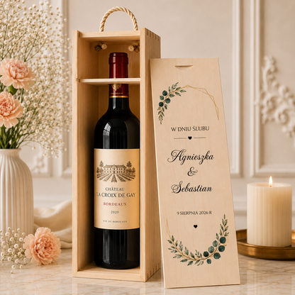 Personalizowana Skrzynka na Wino z Imionami i Datą – Eukaliptus Boho