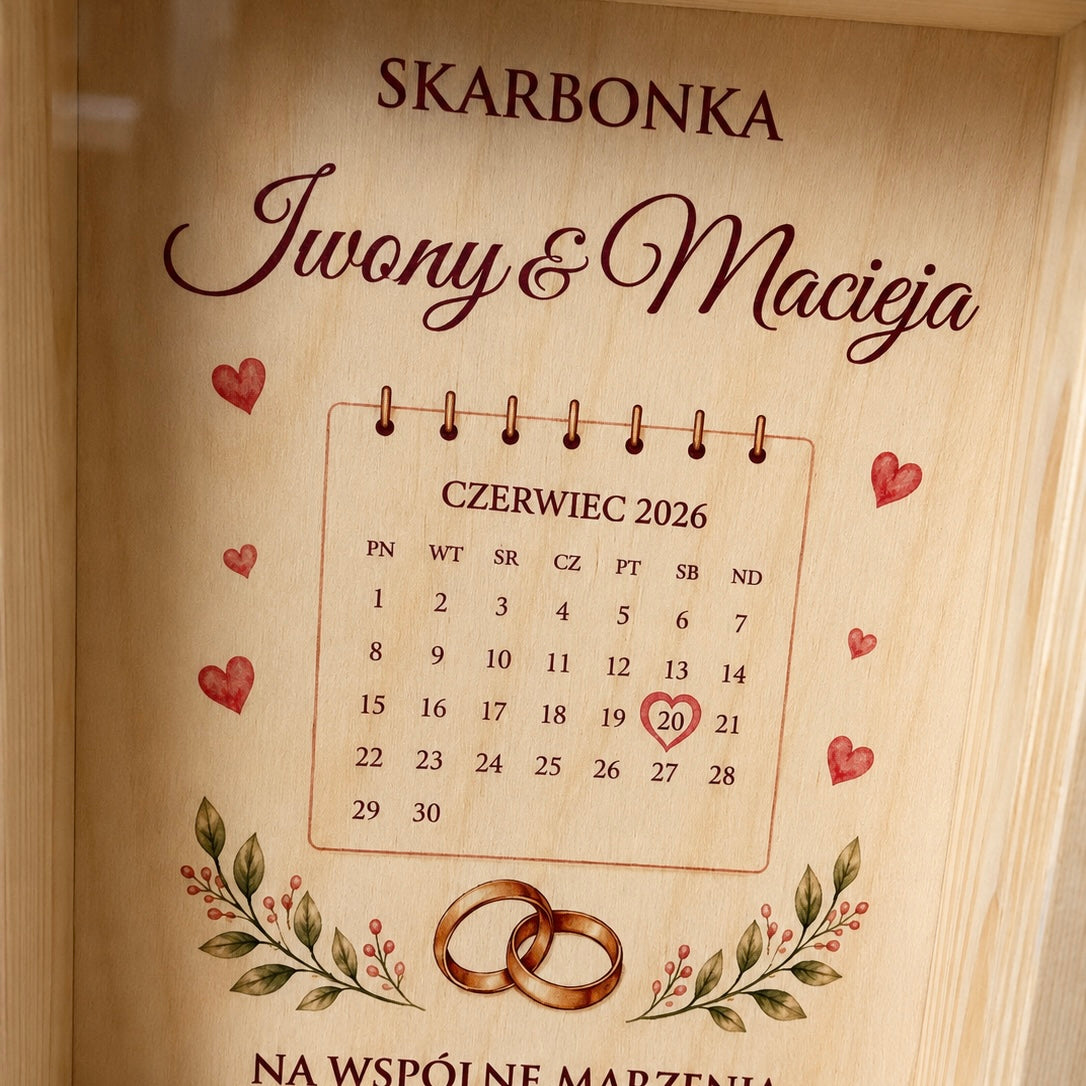 Personalizowana Skarbonka Ślubna z Imionami i Datą Ślubu – Kalendarz Na Wspólne Marzenia