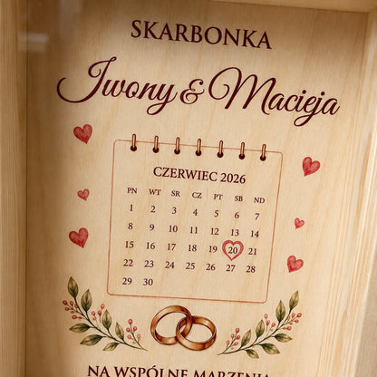 Personalizowana Skarbonka Ślubna z Imionami i Datą Ślubu – Kalendarz Na Wspólne Marzenia