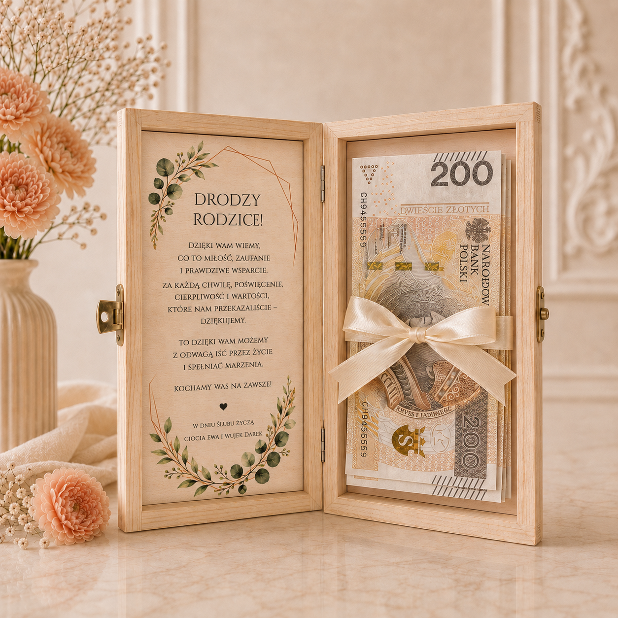 Personalizowane Pudełko na Pieniądze na Ślub „Eukaliptus Boho” – Prezent dla Pary Młodej