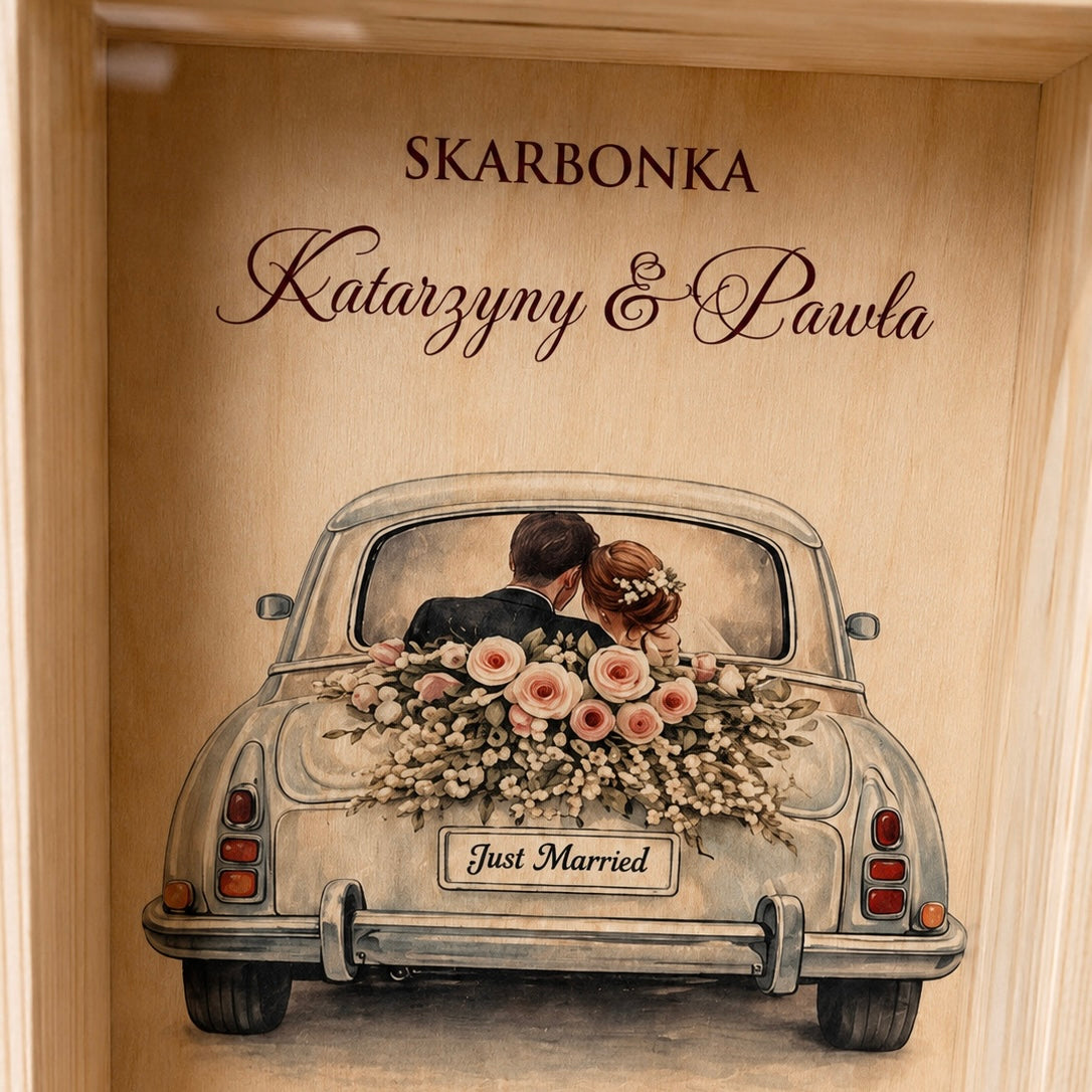 Personalizowana Skarbonka Ślubna z Imionami i Datą Ślubu – Samochód Na Wspólną Podróż