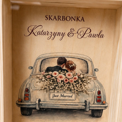 Personalizowana Skarbonka Ślubna z Imionami i Datą Ślubu – Samochód Na Wspólną Podróż