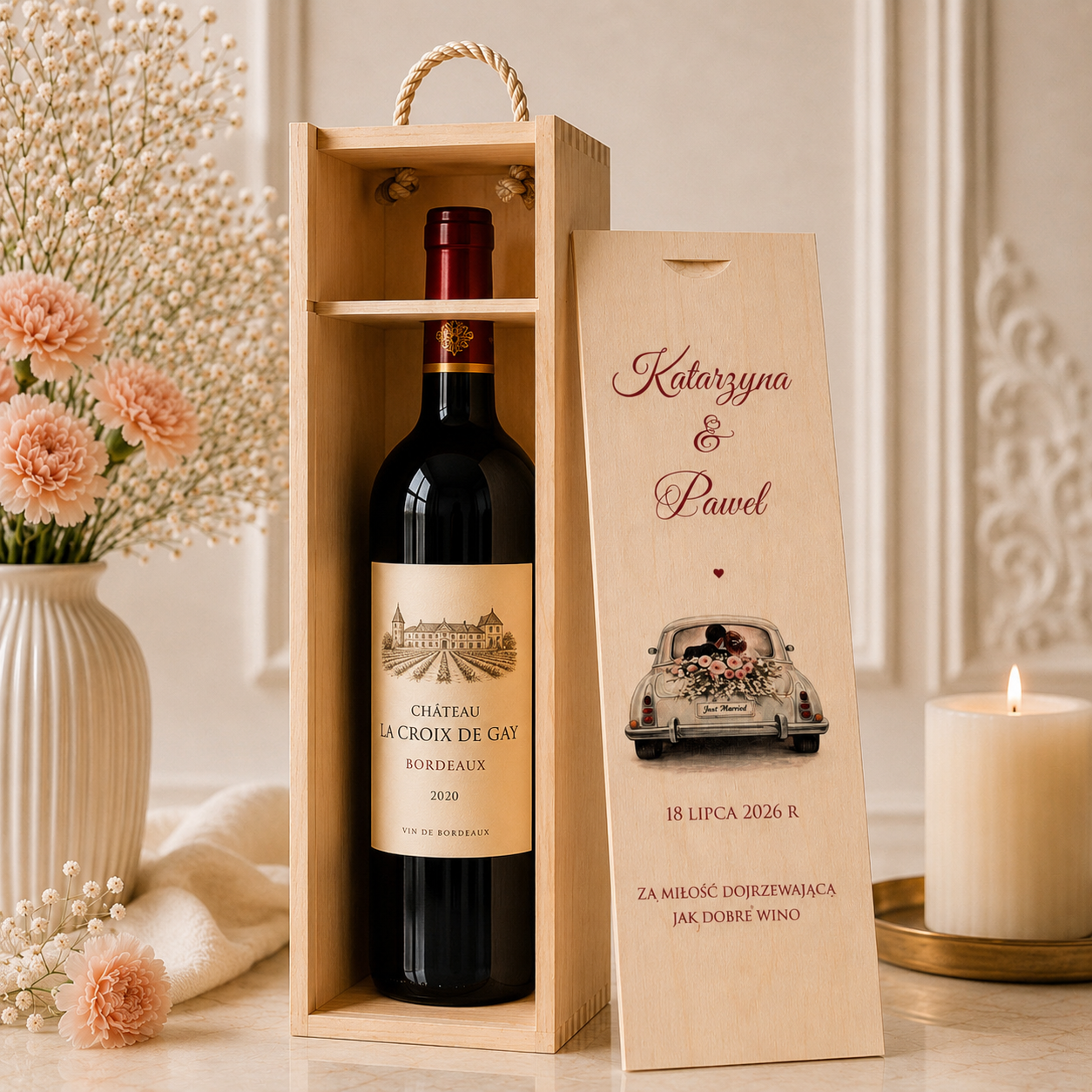 Personalizowana Skrzynka na Wino z Imionami i Datą – Auto Ślubne