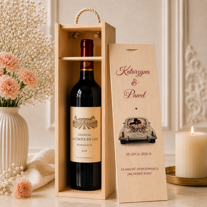 Personalizowana Skrzynka na Wino z Imionami i Datą – Auto Ślubne