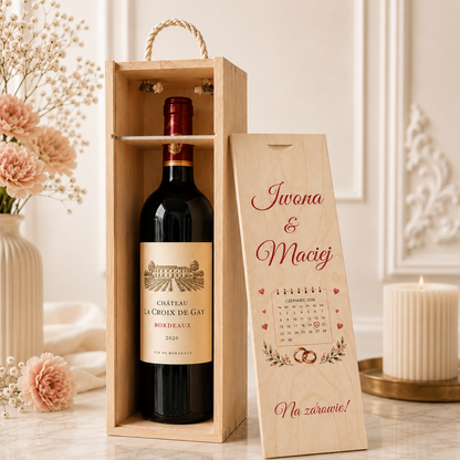 Personalizowana Skrzynka na Wino z Imionami i Datą – Kalendarz Ślubny